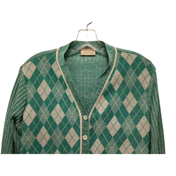 Vtg VIVO by Susan Thomas Cardigan Argyle Green White - Picture 2 of 8